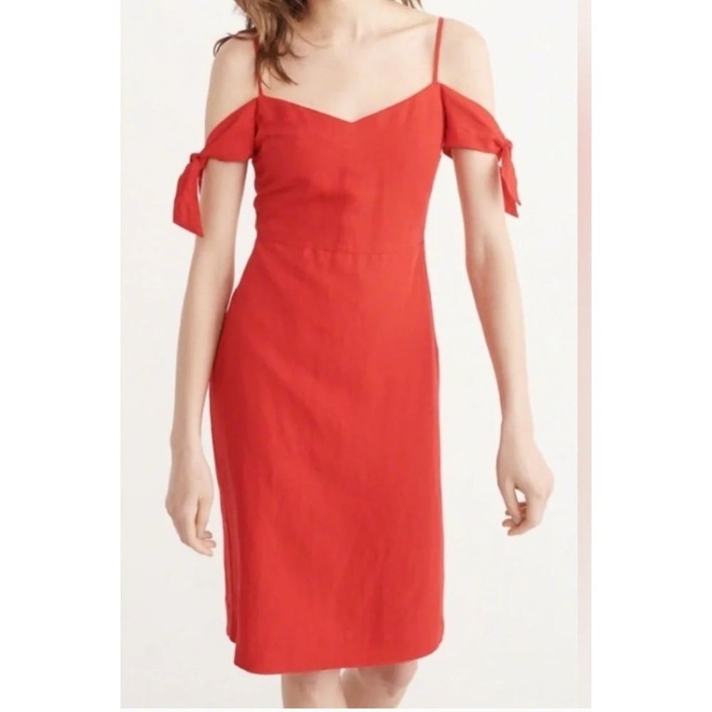 Abercrombie & Fitch Red Linen Blend Cold Shoulder Tie Sleeve Midi Dress 10 NWT